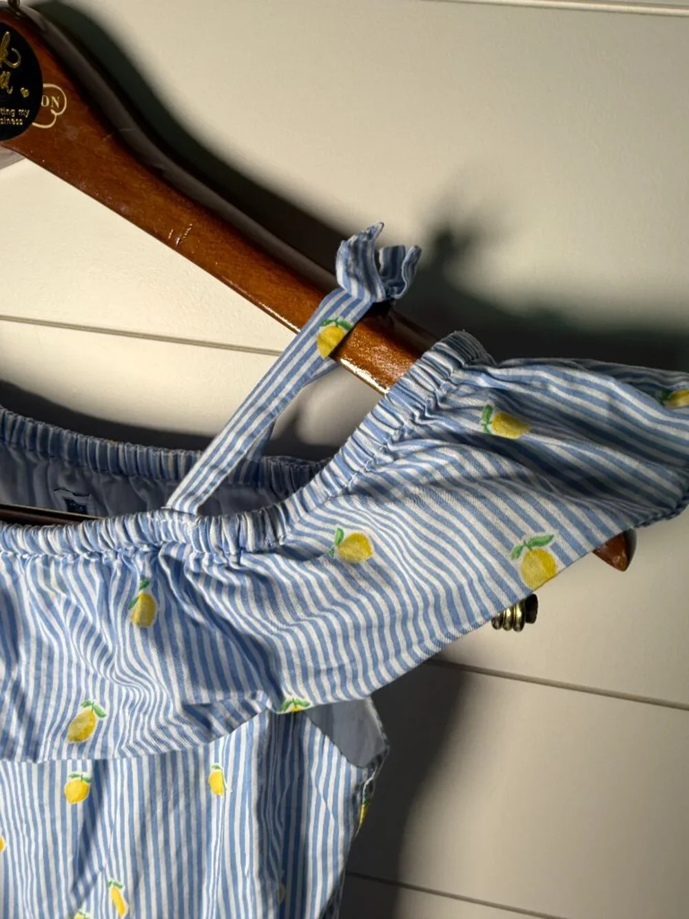 Janie & Jack Girls Short Romper Blue White Stripes with Lemons 100% Cotton Sz 7